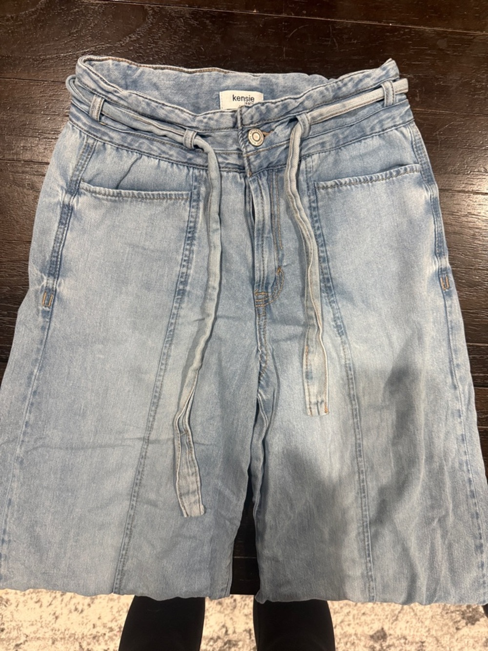 Kensie Light Blue Denim Paperbag Waist Capri with Tie